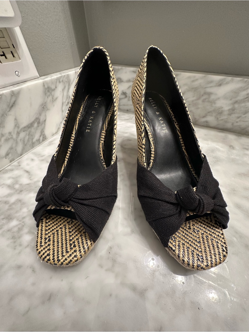 Kelly & Katie Black Knot Peep-Toe Woven Pumps with Natural Weave